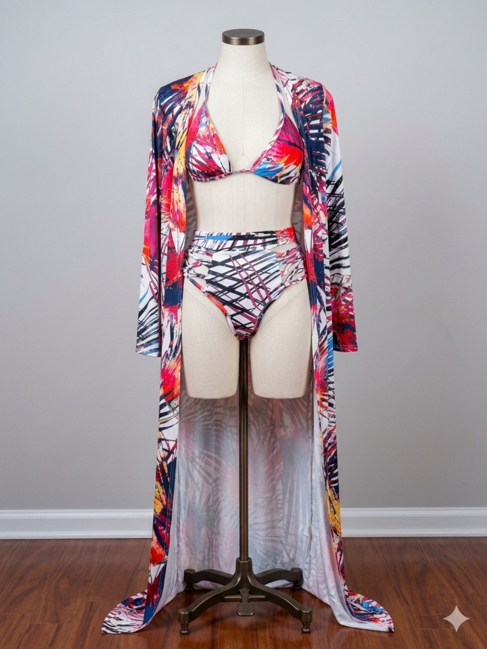 Multi-Color Abstract High-Waist Bikini Set with Matching Cover-Up
